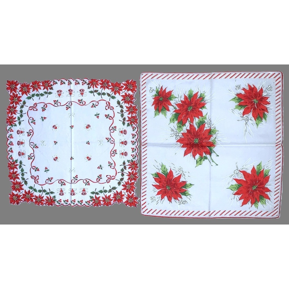 2 Vtg MCM 1960s Era Christmas Handkerchief Pair Poinsettia Themes NOS Never Used